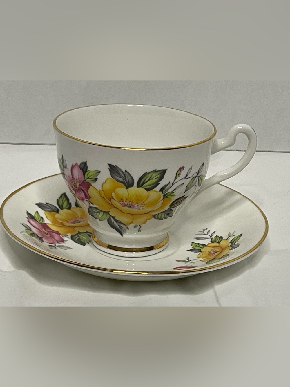 Classic Floral Bone China Teacup and Saucer - Yellow Floral